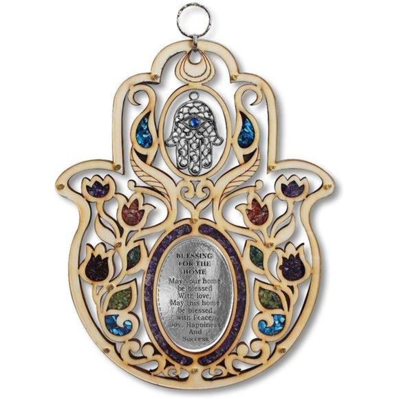 Large Wooden Hamsa Blessing - in English - Good Luck with Simulated Gemstones